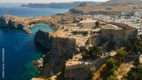 Aerial view of the Acropolis of Lindos on the Rhodes island at daytime in Greece