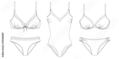 "Woman and girl sustainable swimwear, technical drawing, outline, template, sketch, flat, mock up. Recycled PA, Recycled PES, Lycra fabric swimwear front and back view, white color"	