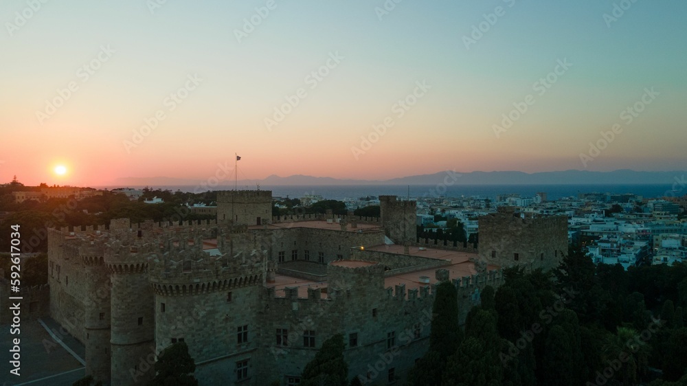 Aerial view beautiful calm sunset over the medieval Palace of the Grand Masters