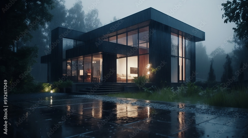 modern home with rain outside. Generative AI.
