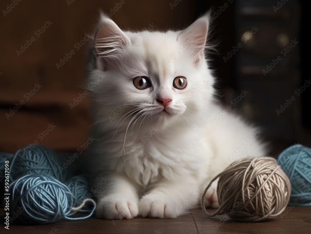 Obraz premium A fluffy, white kitten playing with a ball of yarn