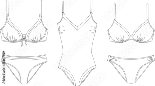 "Woman and girl sustainable swimwear, technical drawing, outline, template, sketch, flat, mock up. Recycled PA, Recycled PES, Lycra fabric swimwear front and back view, white color"	