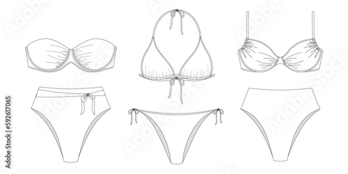 "Woman and girl sustainable swimwear, technical drawing, outline, template, sketch, flat, mock up. Recycled PA, Recycled PES, Lycra fabric swimwear front and back view, white color"	