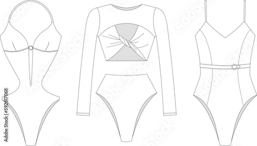 "Woman and girl sustainable swimwear, technical drawing, outline, template, sketch, flat, mock up. Recycled PA, Recycled PES, Lycra fabric swimwear front and back view, white color"	