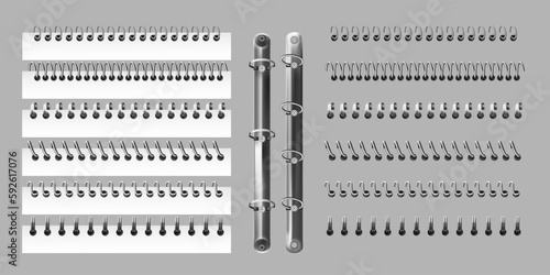 Realistic notebook spiral. Paper pages binding. Coil and ring binders. Book or calendar stationery like sketchbook. Steel metal bookbinders. Sheets stitching. Vector exact isolated set