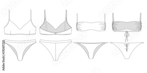 "Woman and girl sustainable swimwear, technical drawing, outline, template, sketch, flat, mock up. Recycled PA, Recycled PES, Lycra fabric swimwear front and back view, white color"	