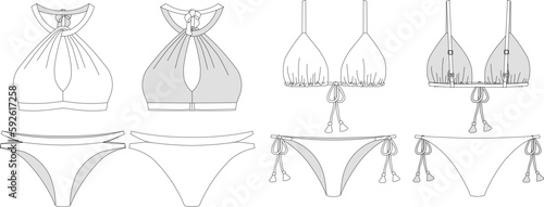 "Woman and girl sustainable swimwear, technical drawing, outline, template, sketch, flat, mock up. Recycled PA, Recycled PES, Lycra fabric swimwear front and back view, white color"	