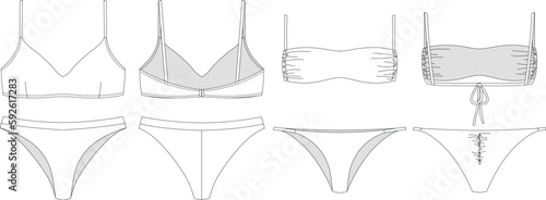 "Woman and girl sustainable swimwear, technical drawing, outline, template, sketch, flat, mock up. Recycled PA, Recycled PES, Lycra fabric swimwear front and back view, white color"	