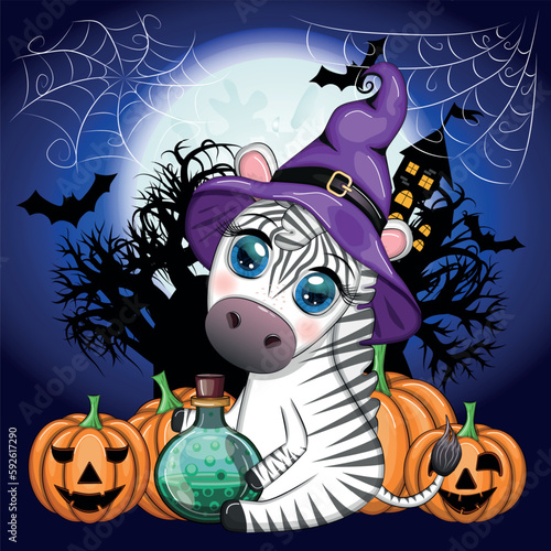 Cute zebra in witch hat, with broom, pumpkin jack, magic potion. Poster, card, label and decoration for Halloween