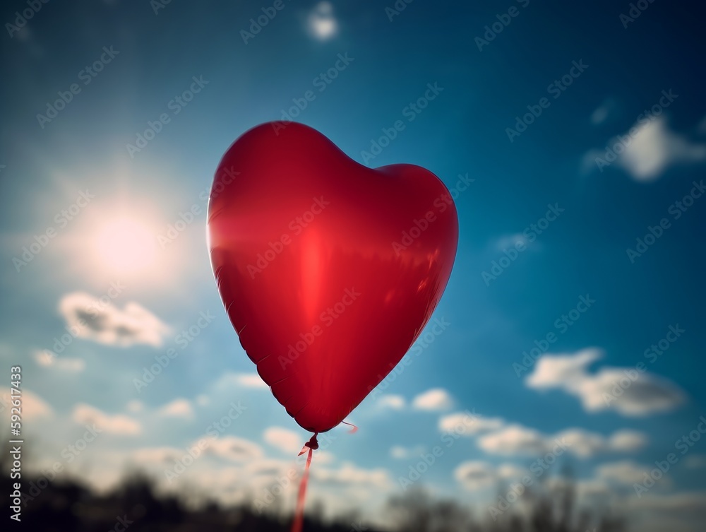 A red heart-shaped balloon against a blue sky