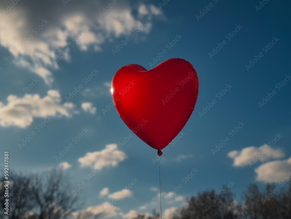 A red heart-shaped balloon against a blue sky