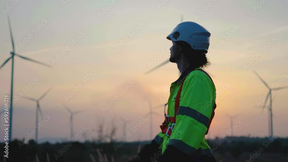 custom made wallpaper toronto digitalA portrait of caucasian man in uniform wearing helmet working in the wind turbine area, after work and look at the work with cheerful smiles and positive expressions in sunset, Business success