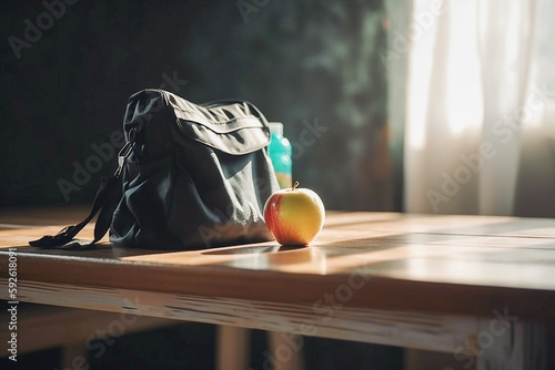 Textile schoolbag with an apple and bottle of water on the wooden table, copyspace. Generative AI photo
