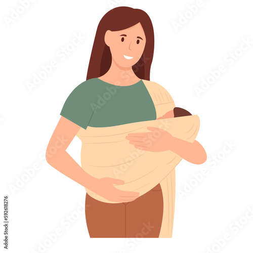 Smiling woman holds her baby in a cloth carrier.  Mother hugging child in baby sling. Baby feeling love and protection from mom. Vector illustration