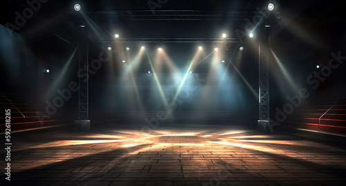 Conceptual image of empty room with stage lights and concrete floor