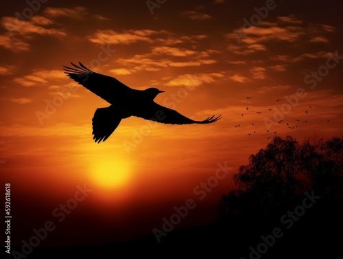 A silhouette of a bird flying against a warm sunset