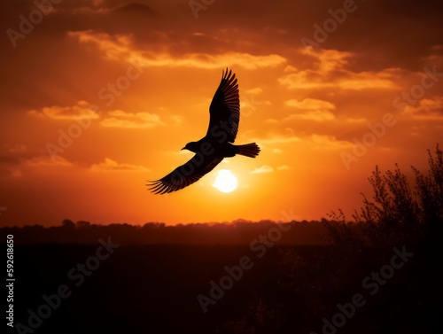A silhouette of a bird flying against a warm sunset © Suplim