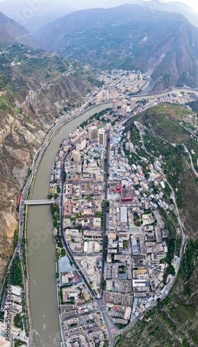 Aerial view of Wenchuan County, Aba Prefecture, Sichuan Province and nearby mountain villages photo