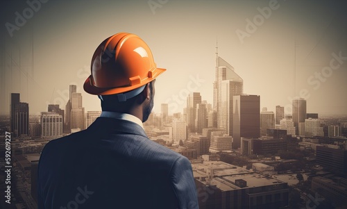 Construction concept. at back of the construction worker head which is wearing the safety helmet and checking work at the construction site. Non-existent person. Generative Ai