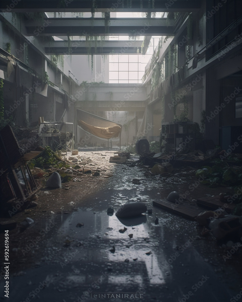 cinematic still shot illustration of an abandoned building hall