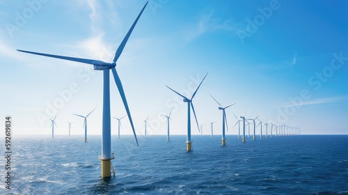 A photo of an offshore wind farm with turbines in the ocean.
