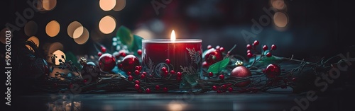 Burning candle and Christmas decoration over snow and wooden background. Generative Ai. photo