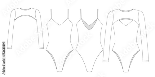  "Woman and girl sustainable swimwear, technical drawing, outline, template, sketch, flat, mock up. Recycled PA, Recycled PES, Lycra fabric swimwear front and back view, white color"