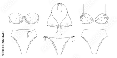  "Woman and girl sustainable swimwear, technical drawing, outline, template, sketch, flat, mock up. Recycled PA, Recycled PES, Lycra fabric swimwear front and back view, white color"