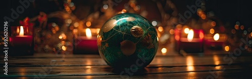 Close up view of beautiful with shiny gold bauble or ball  xmas ornaments and lights  christmas holidays background. Generative Ai.