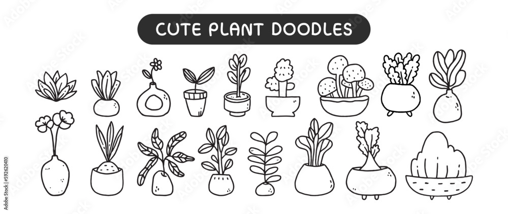 Cute plant outline doodle set 