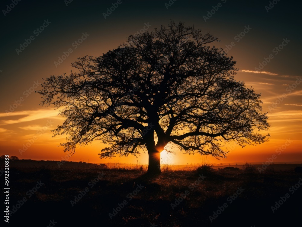 Fototapeta premium A tree silhouette against a sunset sky