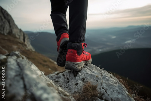 Wandern und Klettern - rote Schuhe auf einem Felsen