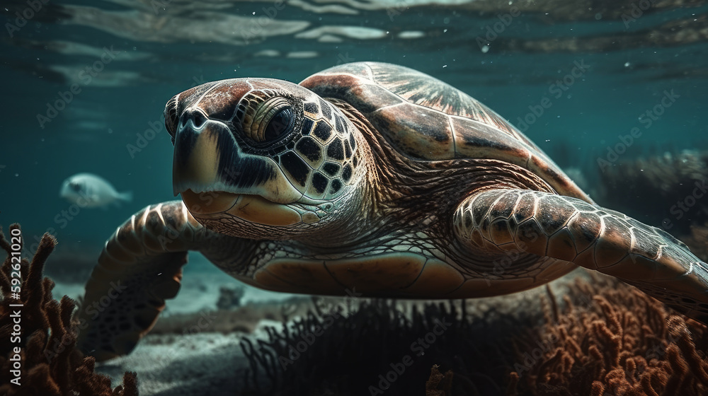 Fototapeta premium Sea turtle close up over coral reef. AI generated