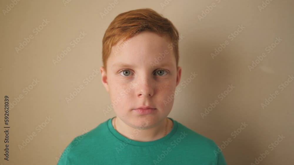 Portrait of little serious redhaired boy with freckles indoor. Unhappy