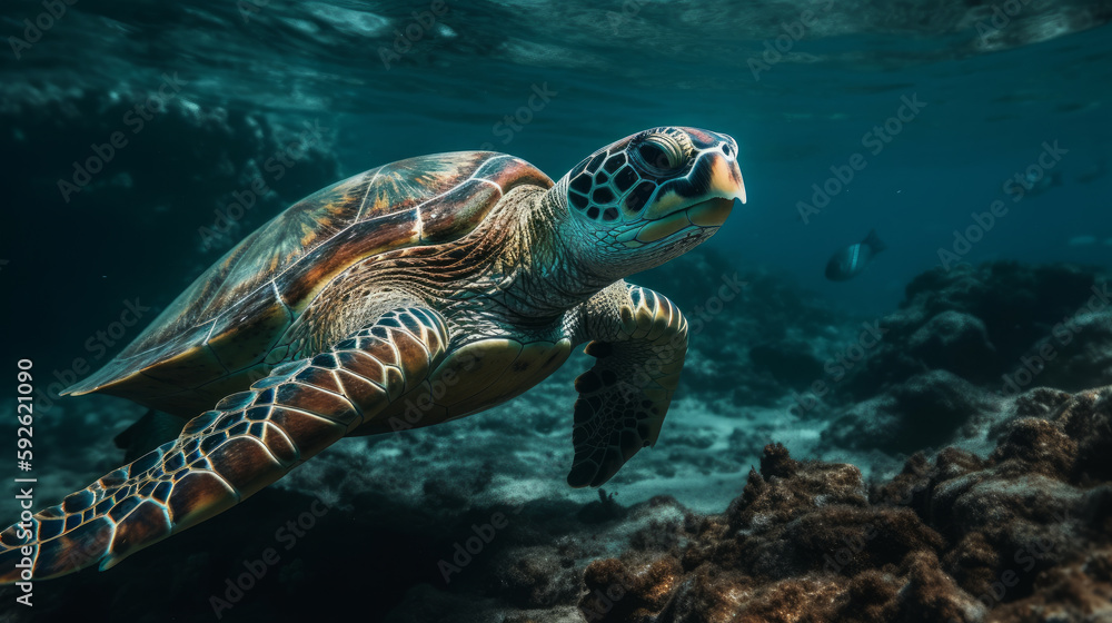 Fototapeta premium Sea turtle close up over coral reef. AI generated