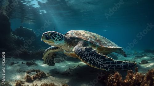 Sea turtle close up over coral reef. AI generated
