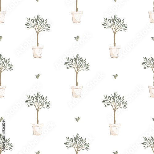 Beautiful young potted olive tree and fruit olives seamless pattern. Vector illustration. Mediterranean background