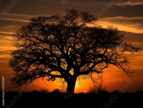 A tree silhouette against a sunset sky