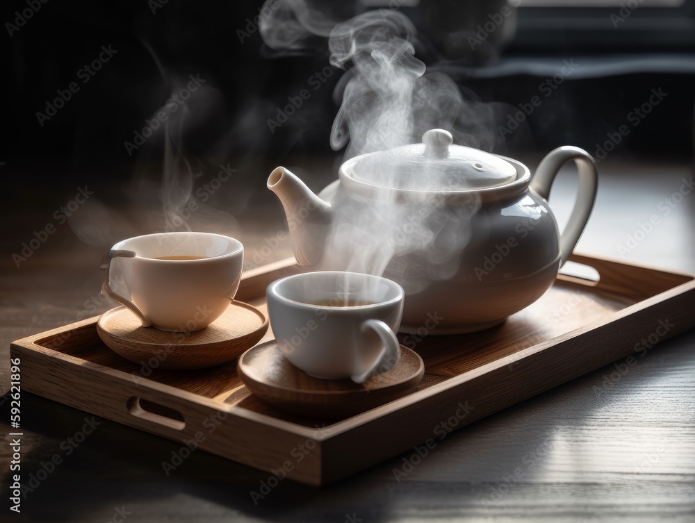 A white porcelain teapot and teacup on a wooden tray with steam rising A white porcelain teapot and teacup on a wooden tray with steam rising