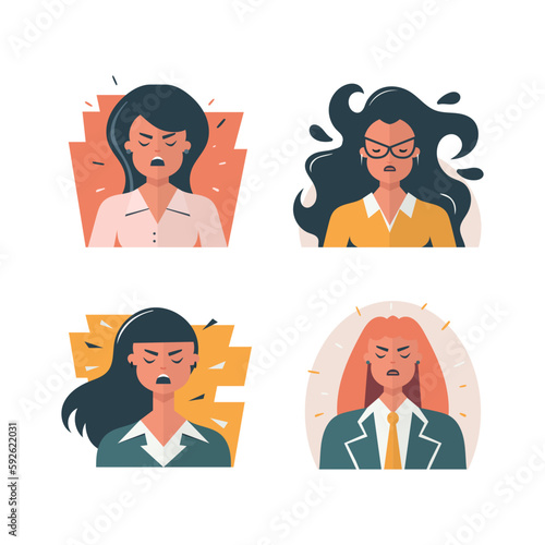 Angry woman faces set. Vector flat character, negative emotions concept.