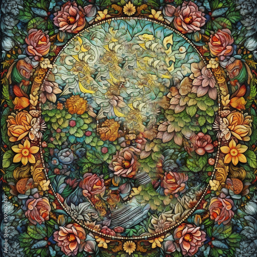 stained glass frame  window with flowers
