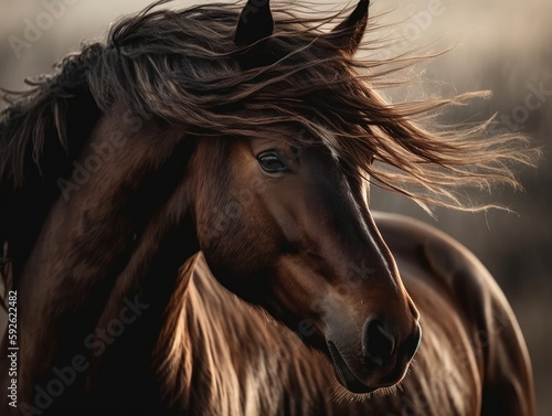 A close-up of a brown horse's mane blowing in the wind photo