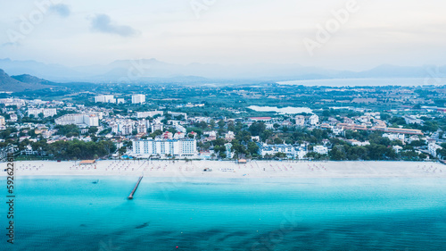 Obraz na płótnie Mallorca sandy beach in Alcudia aerial view. w salonie