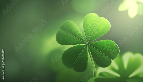 Lucky green four leaf clover, st. Patrick's day background with copy space. Horizontal greeting banner template. AI generative image.