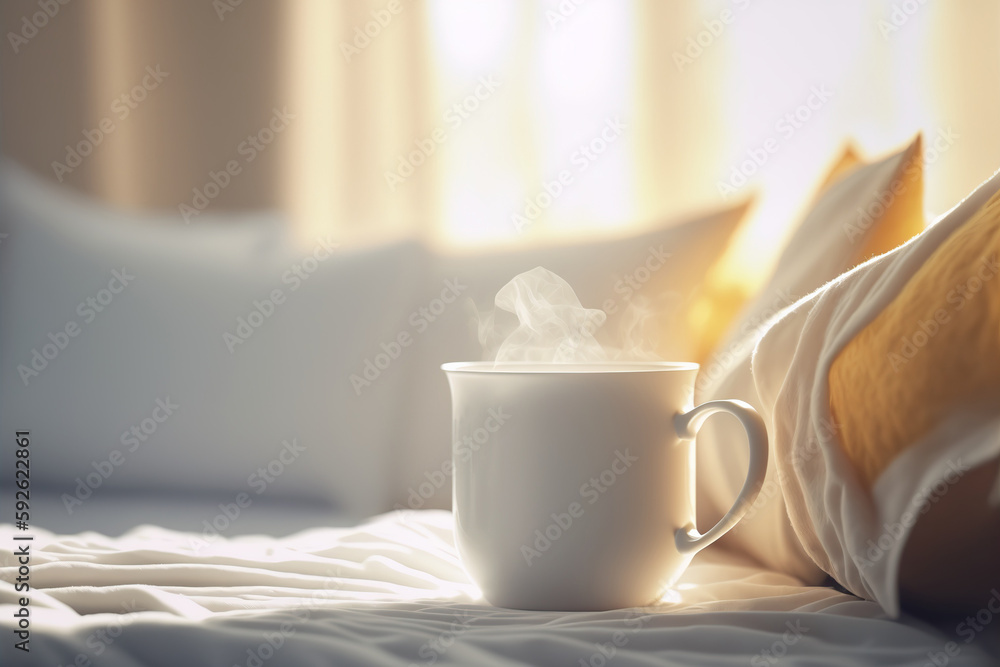 Illustration of cozy morning in the bedroom. Cup with hot drink indoor background with copy space. AI generative image. Illustration of cozy morning in the bedroom. Cup with hot drink indoor background with copy space. AI generative image.
