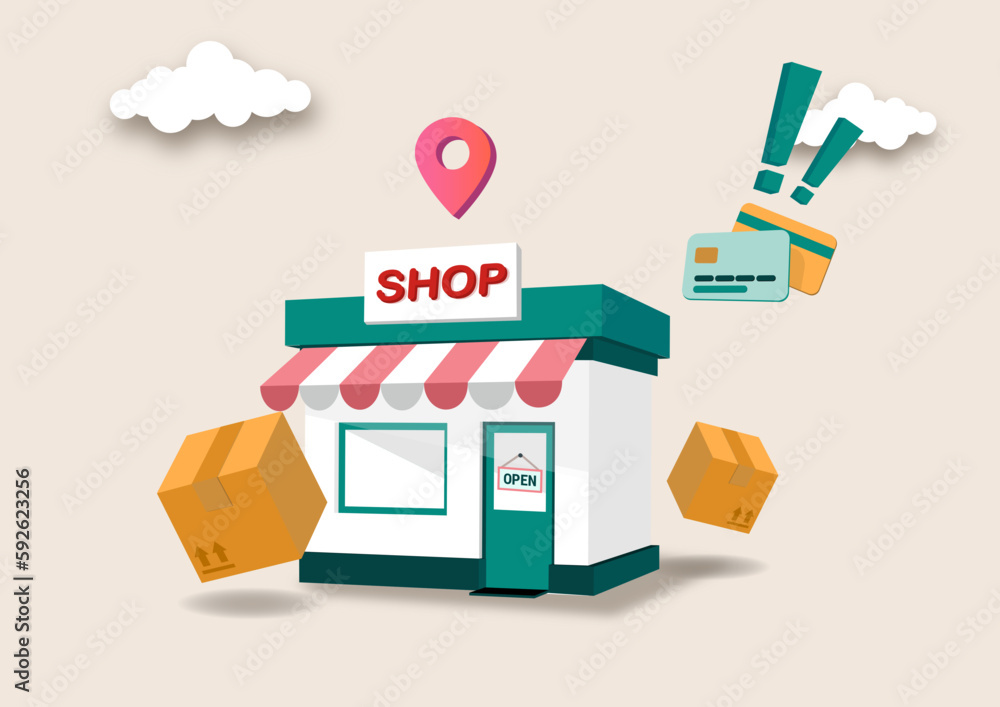 Obraz premium Vector illustration template for landing page, web banner, advertising. We are working again after coronavirus lockdown. Man open a shop, store, small business.