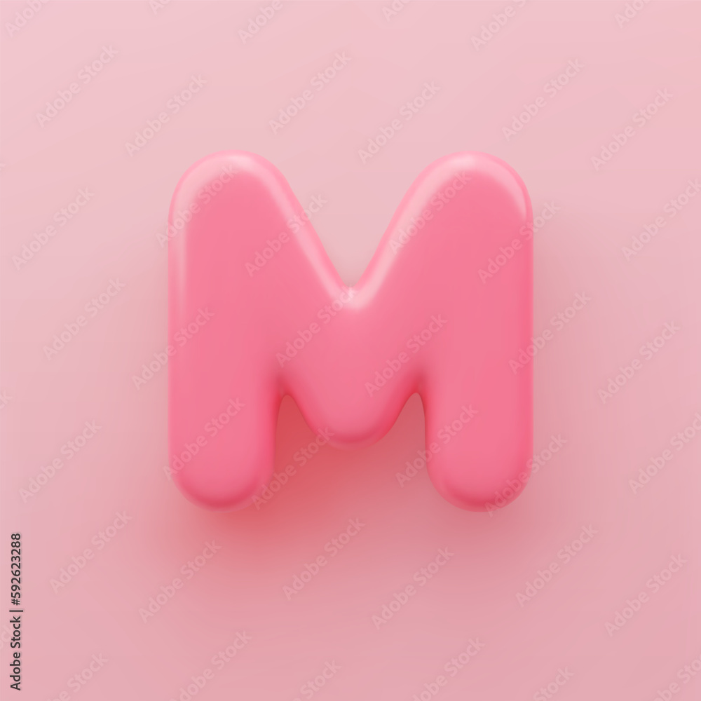 3D Pink uppercase letter M with a glossy surface on a pink background. 3D Pink uppercase letter M with a glossy surface on a pink background.