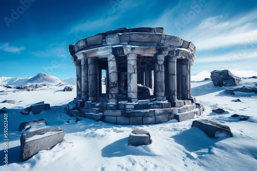 Ancient Temple Ruins of unknow Civilization buried in Arctic snow. Generative AI photo