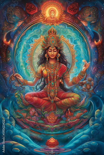 An ethereal Hindu celestial being surrounded by an aura of divine energy. Generative AI