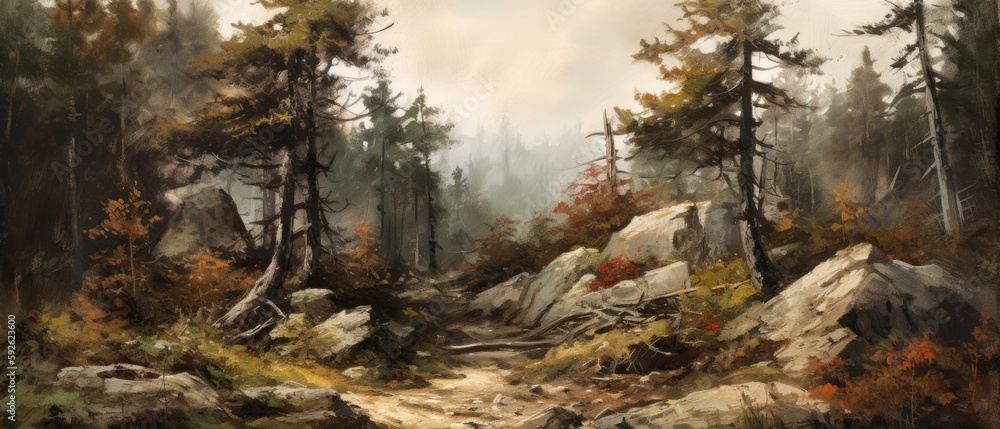 Obraz premium Expansive rocky mountain woodland landscape with jagged and eroded white boulders and pine trees, hazy outdoors with dusty atmosphere and patches of dried grass - generative AI.